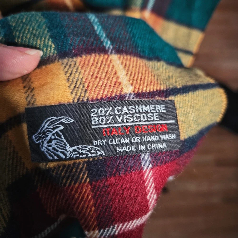 Tartan Scarf Plaid Cashmere Blend Italy Design Red Green Yellow Fringe Winter